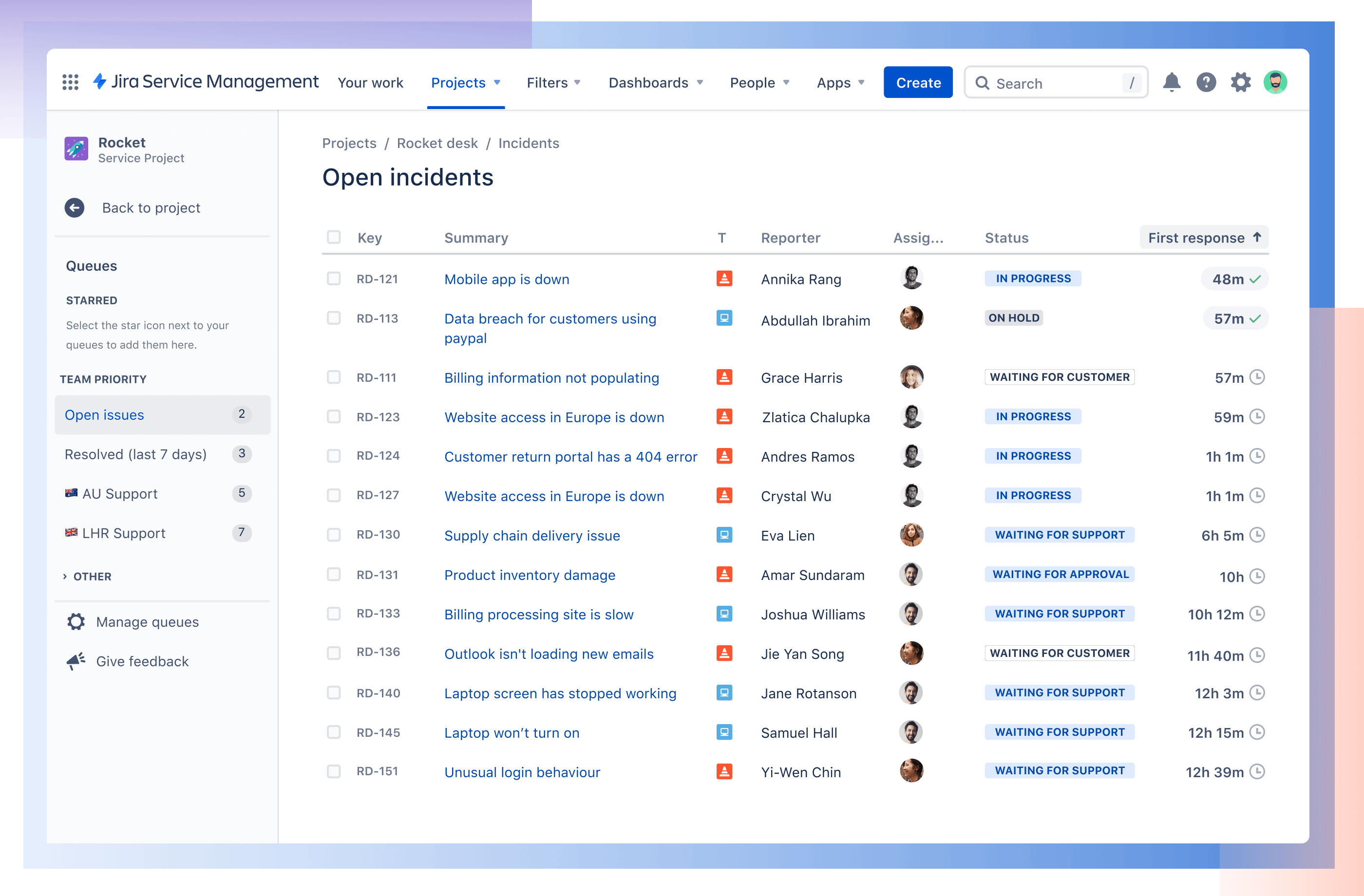 Vista de incidentes abierta con incidencias vinculadas de Jira en Jira Service Management.